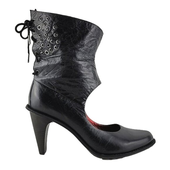 Tsubo Shoes - TSUBO Pump Heels Shoes Black Leather Back Lace Ankle Foldover Tall Cuff Size 8